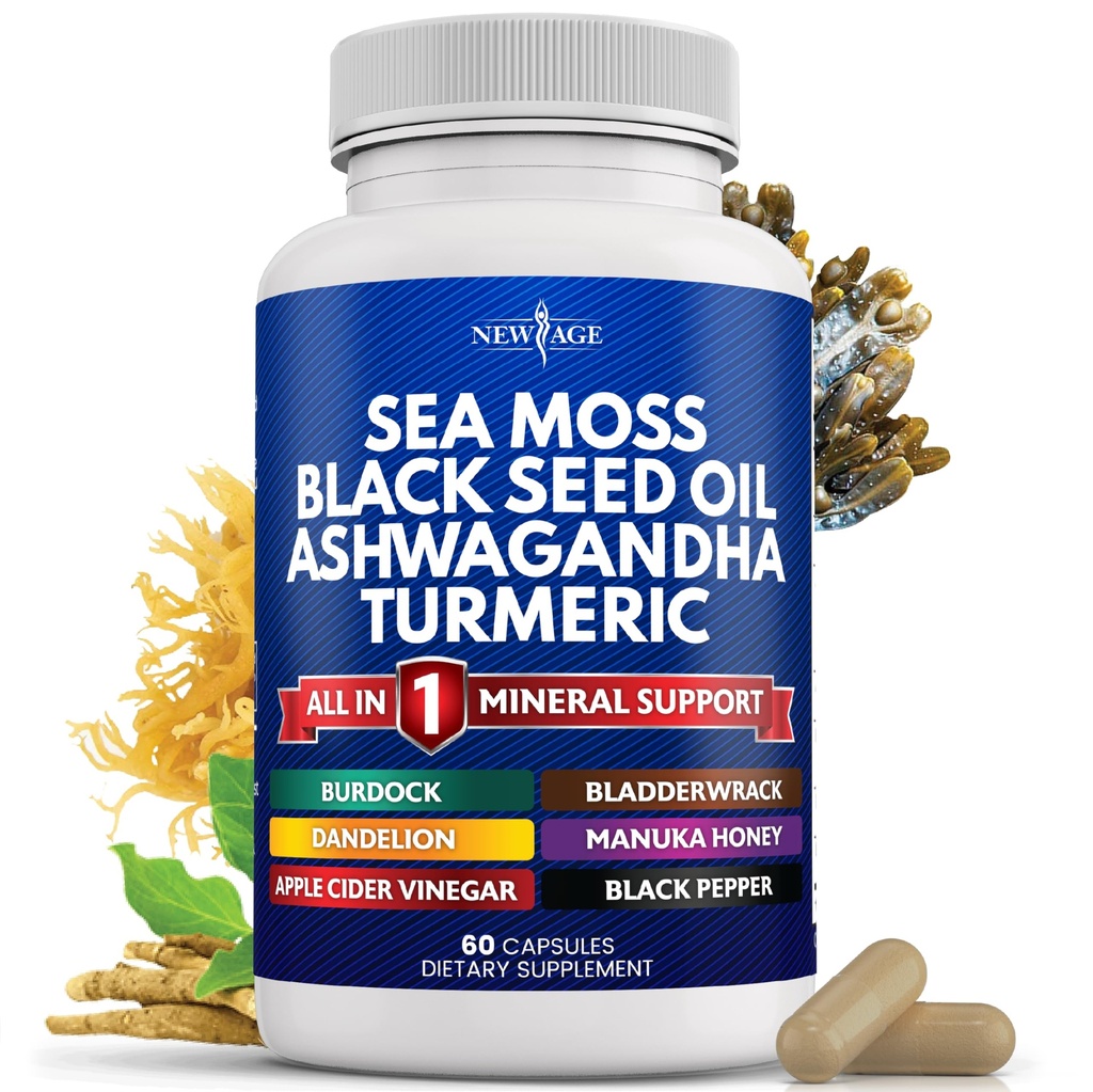 NEW AGE Sea Moss Black Seed Oil Ashwagandha Turmeric Bladderwrack Burdock - con Manuka, Honey Dandelion, ACV Black Pepper Gluten Free
