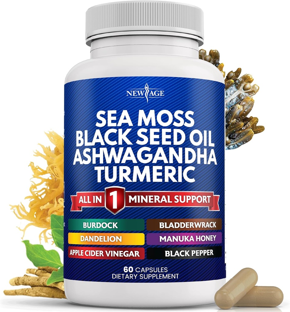 NEW AGE Sea Moss Black Seed Oil Ashwagandha Turmeric Bladderwrack Burdock - con Manuka, Honey Dandelion, ACV Black Pepper Gluten Free