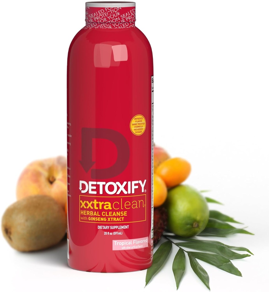 Detoxify – Xxtra Clean Herbal – Tropical Fruit Flavor - 20 oz – Professionally Formulated Extra Strength Herbal Detox Drink – Mejorado con Ginseng Extract &amp; Milk Thistle Extract - Plus Sticker