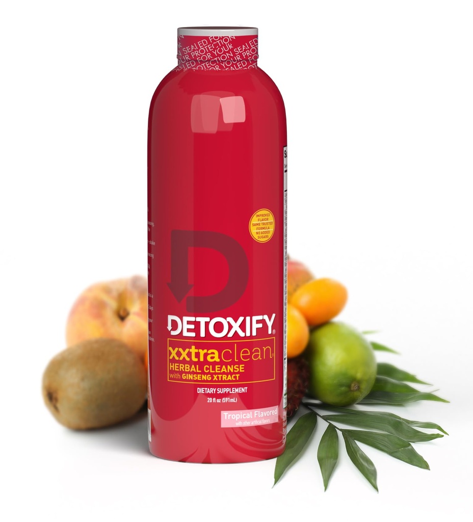 Detoxify – Xxtra Clean Herbal – Tropical Fruit Flavor - 20 oz – Professionally Formulated Extra Strength Herbal Detox Drink – Mejorado con Ginseng Extract &amp; Milk Thistle Extract - Plus Sticker