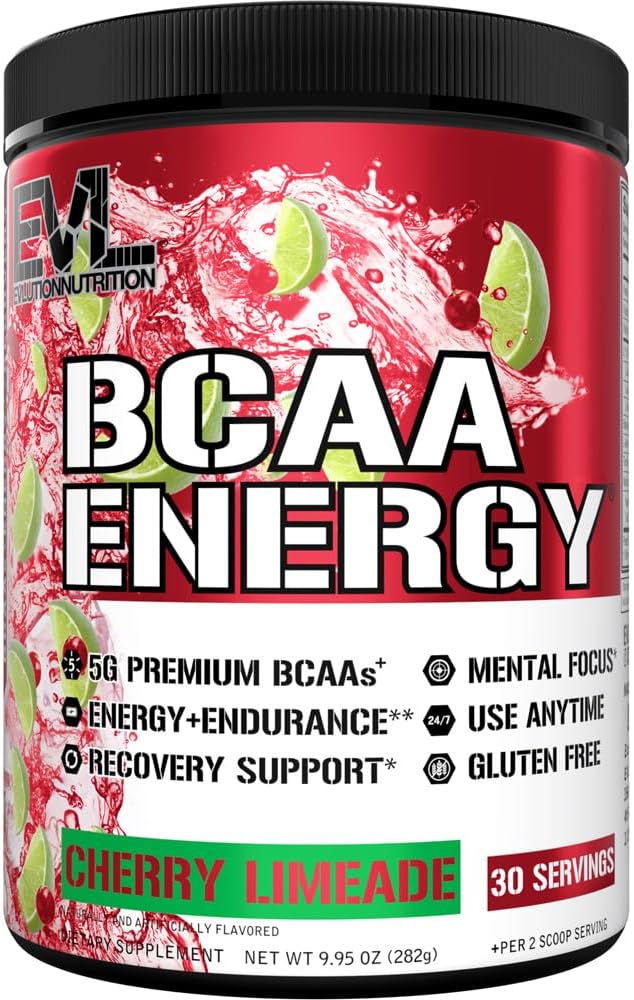 EVL BCAAs Amino Acids Powder - BCAA Energy Pre Workout Powder for Muscle Recovery Lean Growth and Endurance - Rehidrating Post Workout Recovery Drink with Natural Caffeine - Cherry Limeade