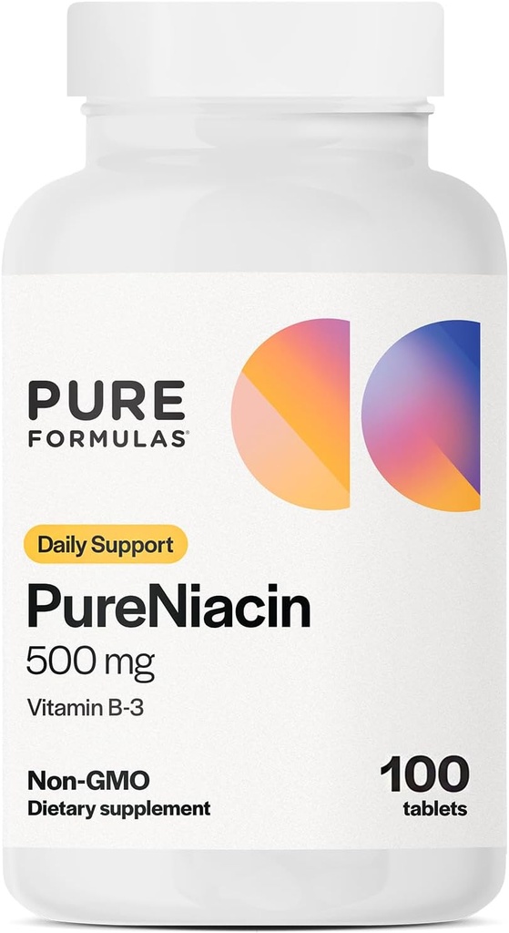 PureFormulas Pure Niacin - Vitamina B3, 500 mg Liberación inmediata Niacina 500mg - Ácido nicotínico 100 Tabletas - No GMO B3 Vitaminas Suplemento Niacina