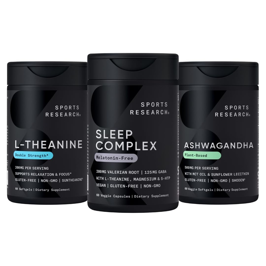 Sports Research De-Stress & Sleep Bundle - Melatonin-Free Sleep Complex, Double Strength L-Theanine Supplement and Ashwagandha Softgels with Coconut MCT Oil for Relaxation, Calm & Sleep Support