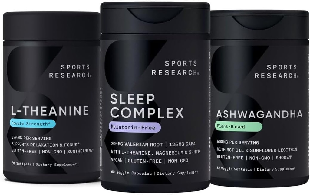 Sports Research Sleep Complex Melatonin-Free Vegan Capsules, Double Strength L-Theanine Supplement for Focus, Relaxation & Alertness and Ashwagandha Softgels for Relaxation, Calm &amp; Sleep Support