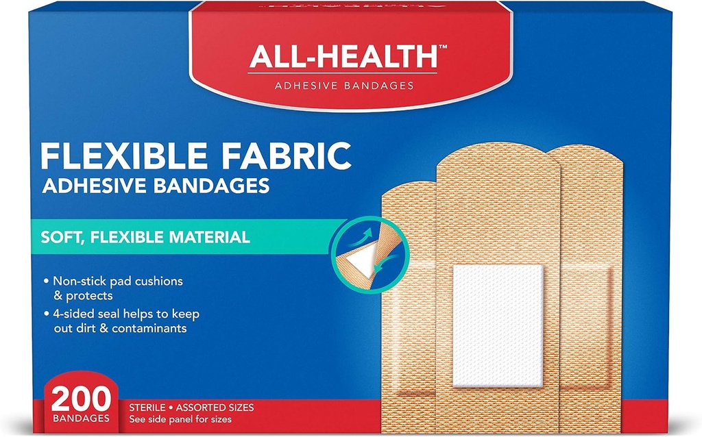 All Health Adhesive Fabric Bandages, 200 Count Assorted Sizes ← Soft, Flexible Material tención para primeros auxilios y cuidado de heridas