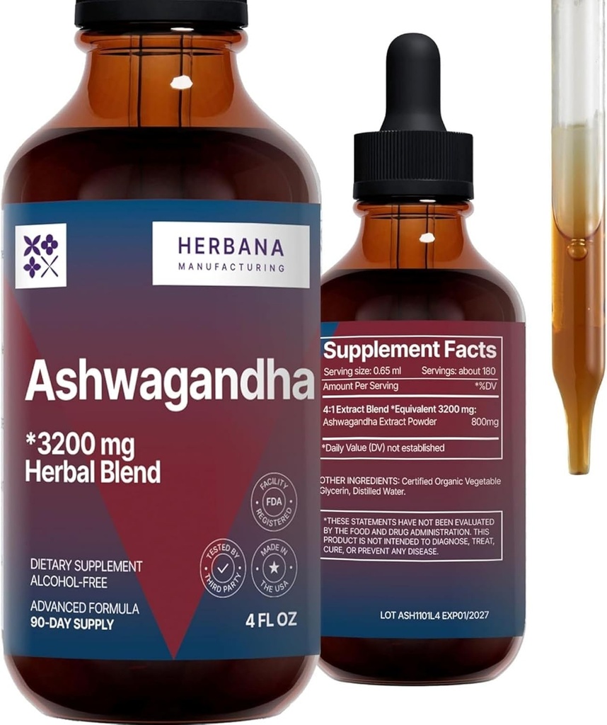 HERBANA MANUFACTURING Ashwagandha Liquid Drops Extract - Muscle Recovery Tincture - Withania Somnifera Drops - High Potency