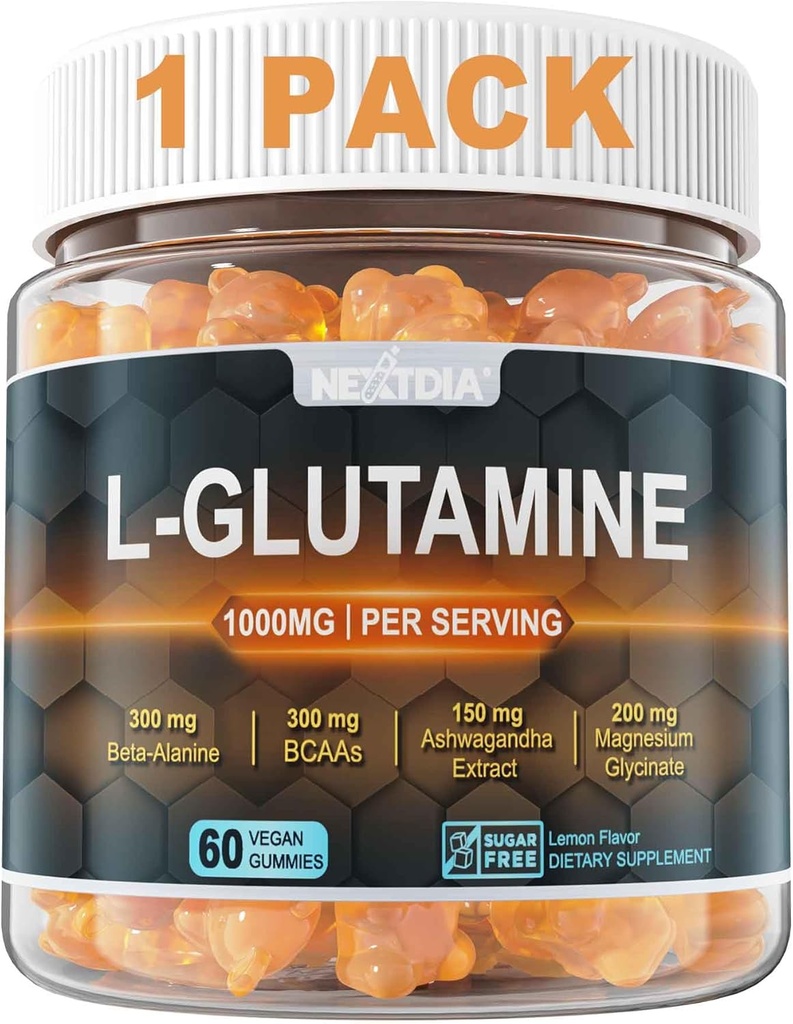L-Glutamine 1000mg Gummies for Women ' Men sometida with Beta-Alanine, BCAAs, Magnesium Glycinate, Potassium & Ashwagandha ← Vegan ← Libre de Azúcar &amp; Extra-Chewy