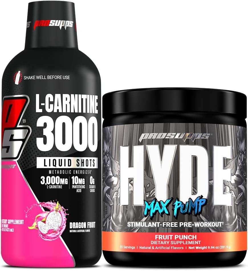 PROSUPPS L-Carnitine 3000 Stimulant Free Liquid Shots (Dragon Fruit) y Hyde Max Pump Pre Workout para Hombres y Mujeres (Fruit Punch) Bundle