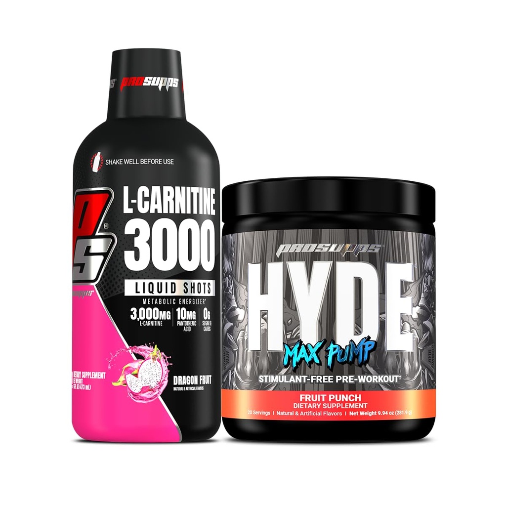PROSUPPS L-Carnitine 3000 Stimulant Free Liquid Shots (Dragon Fruit) y Hyde Max Pump Pre Workout para Hombres y Mujeres (Fruit Punch) Bundle