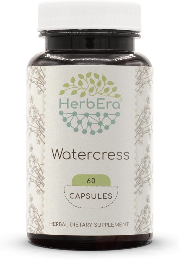 HerbEra Watercress 60 cápsulas, 800 mg, gotas líquidas concentradas Watercress Natural (Nasturtium Officinale) Herb seco (60 cápsulas)