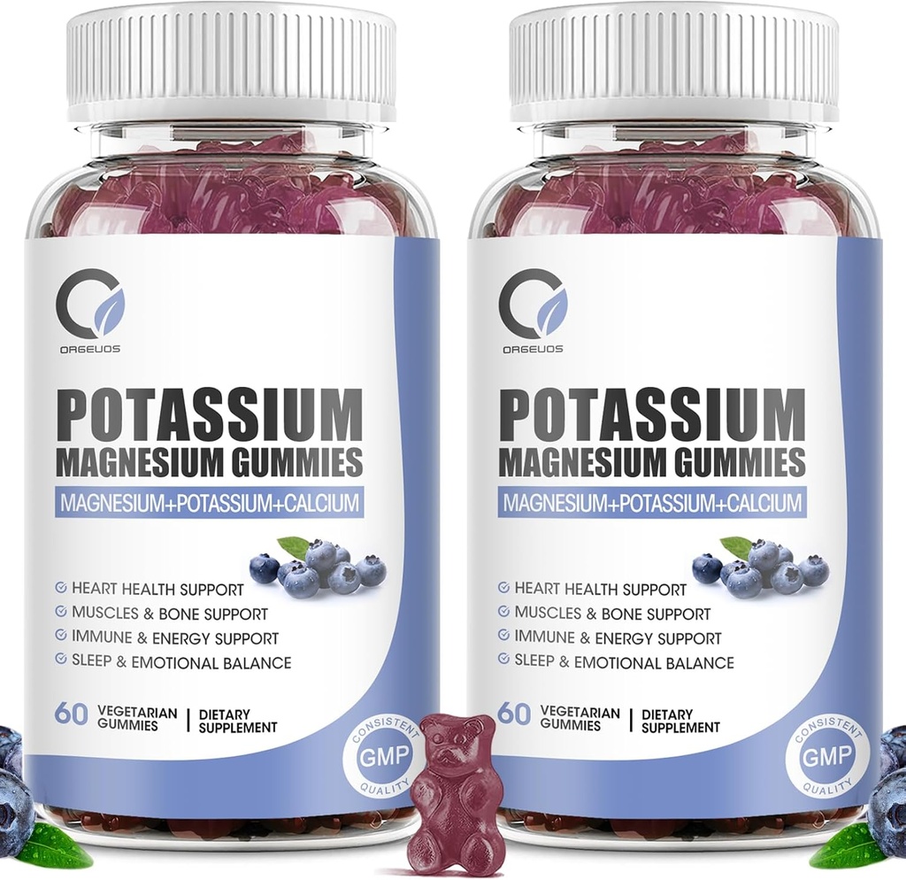 2 Pack Potasio Magnesio Gummies con Ctrato de Potasio 200 mg, Magnesio Glycinate 320 mg Plus Calcio, Zinc, Vitamina - Suplementos de Potasio para Cólicos Legislativos, Corazón, Musculos Apoyo Salud