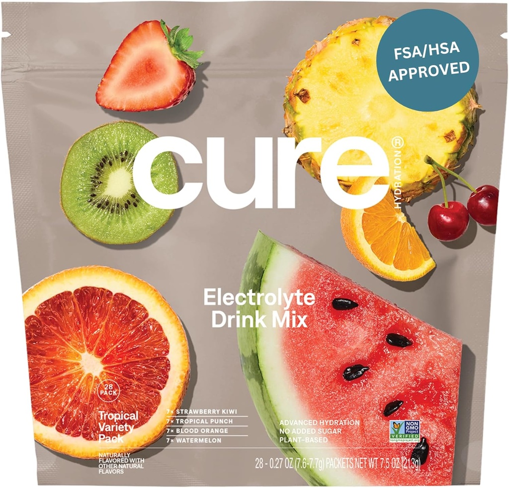Cure Hydration ¦ Plant-Based Electrolyte Drink Mix Silencio No Añadido Sugar Silencio FSA-HSA ← Dehydration Relief Powder Made with Coconut Water ← Non-GMO Silencio Vegan Silencio 28 Packets - Tropical Variety Pack