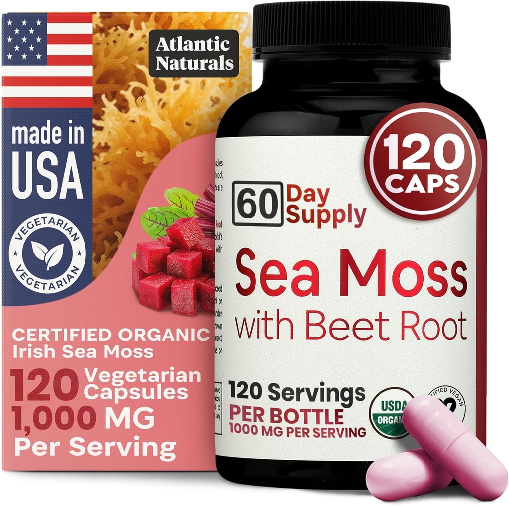 Atlantic Naturals Sea Moss with Beet Root Capsules - Premium Quality Multivitamin Supplement - Sea Moss Superfood to Support Immune Health, Blood Flow, Joint Health & Athletic Performance - 120 ct