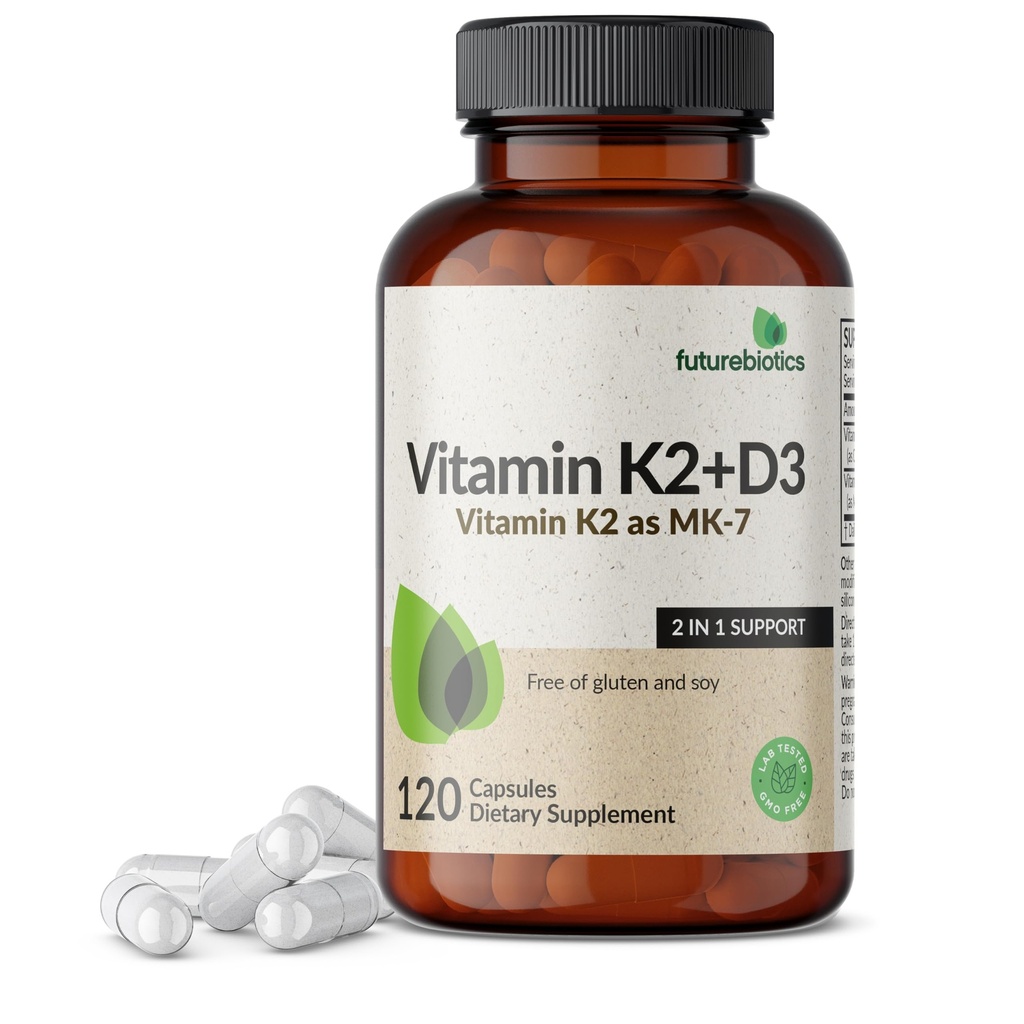 Futurbios Vitamina K2 (MK7) con suplemento D3 - Fórmula no GMO - 5000 UI Vitamina D3 &amp; 90 mcg Vitamina K2 MK-7, 120 cápsulas vegetarianas