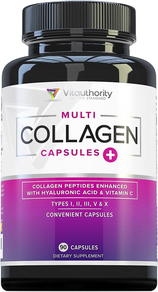 Multi Collagen Peptides Capsules for Women - Collagen hidrolizado para Mujeres Píldoras con Tipos I II III V & X Plus Vitamina C & Ácido Hialurónico para Hermoso Piel y uñas - 30 Servimientos