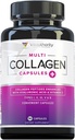 Multi Collagen Peptides Capsules for Women - Collagen hidrolizado para Mujeres Píldoras con Tipos I II III V & X Plus Vitamina C & Ácido Hialurónico para Hermoso Piel y uñas - 30 Servimientos