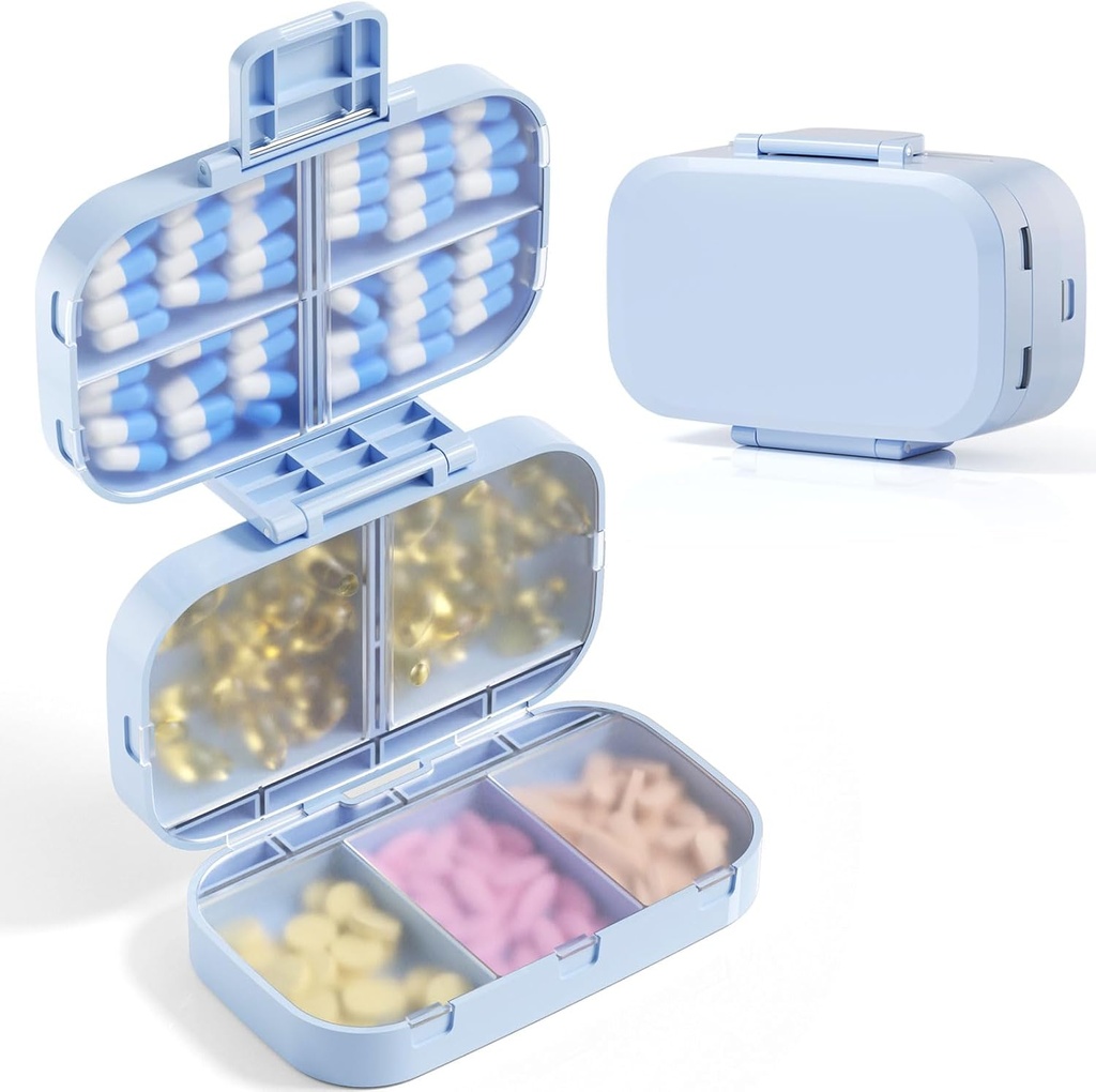 MEACOLIA Triple Organizador de Píldora plegable, 9 Compartimientos Caso de Píldora de Viaje con Gran Capacidad, Caja de Píldora Diaria Pequeño Contenedor de Píldora para Vitamina, Aceite de Hígado Cod,Suplementos (Blue)