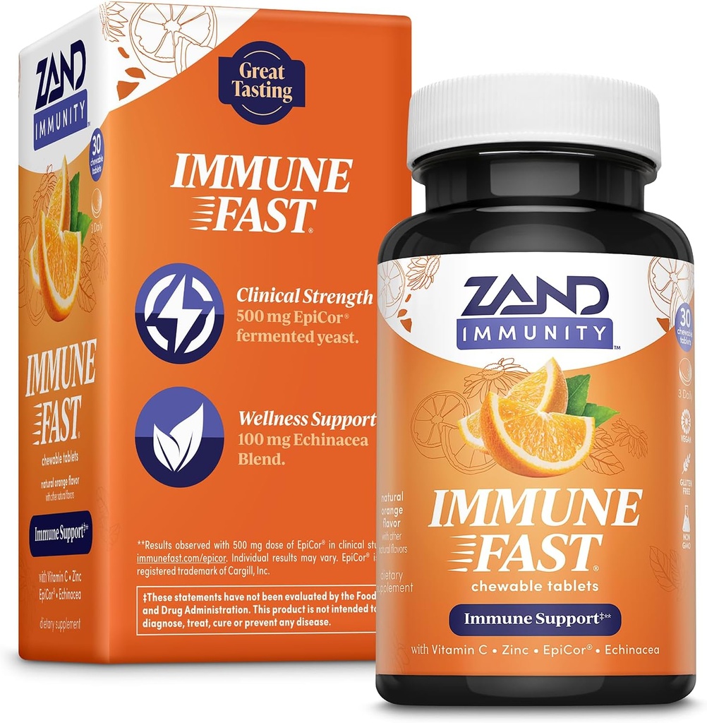 Zand Immune Fast Zesty Orange Chews | Boosts Immune Response & Cell Activity w/EpiCor*, Echinacea, 30 Tablets, 10 Serv.