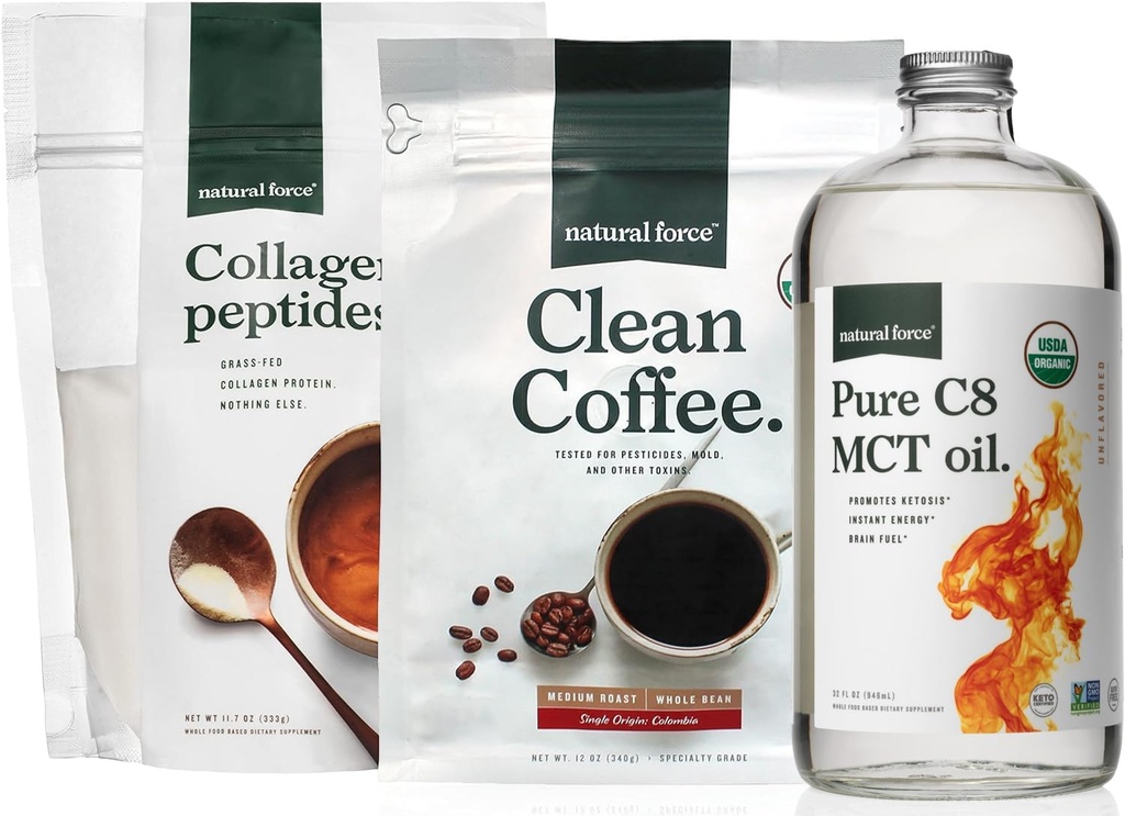 Natural Force Organic Clean Coffee, Collagen Peptides, y Pure C8 MCT Oil Bundle – Toxin Free Coffee, Grass Fed Collagen, " MCTs - Non-GMO, Keto, " Paleo - 12 Oz, 11.7 Oz, 32 Oz