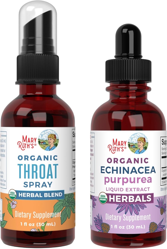 MaryRuth Organics Throat Spray (Unflavored) & Echinacea Purpurea Drops  USDA Organic, Clean Label Project Verified® TEN Vitaminas para Throat Relief, Inmunity ' Global Health TEN Vegan, Non-GMO