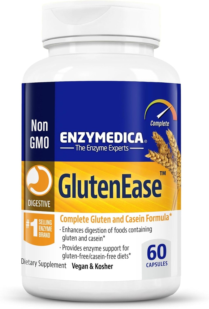 Enzymedica GlutenEase, Advanced Digestive Enzymes for Women and Men, Fast-Acting Formula for Bloating Relief & Digestive Health, Helps Break Down Gluten & Casein, 60 cápsulas