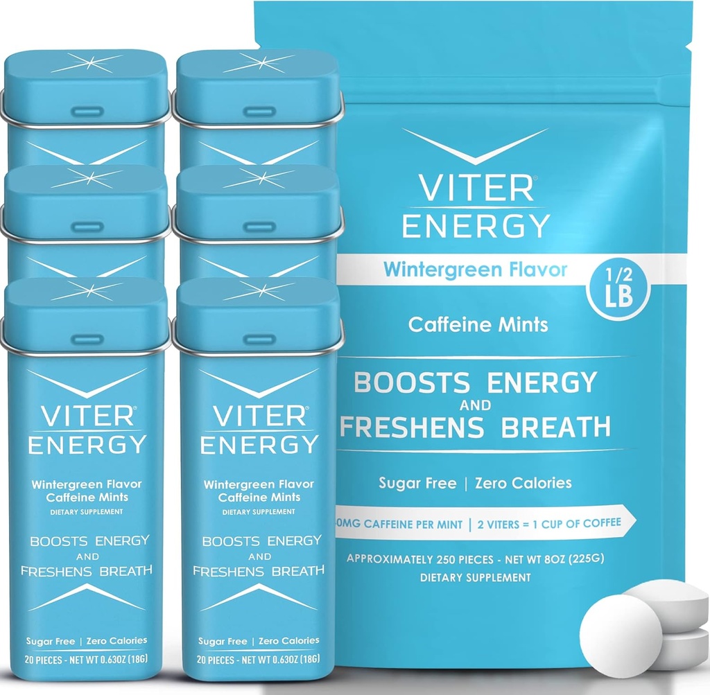 Viter Energy Original Caffeine Mints Wintergreen Flavor 6 Pack y 1/2 libra Bulk Bag Bundle - 40 mg Caffeine, B Vitaminas, Azúcar Gratis, Vegan, Powerful Energy Booster for Focus and Alertness