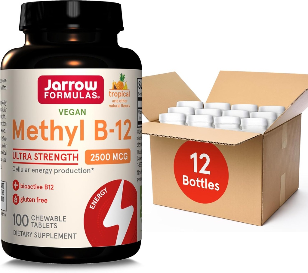 Jarrow Formulas Methyl B-12 Ultra Strength, Suplemento dietético para la producción de energía celular, 100 tabletas de sabor tropical, hasta un suministro de 100 días, paquete de 12