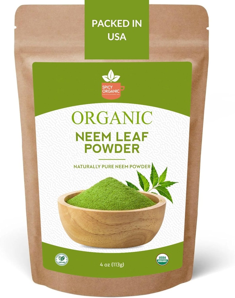 SPICY ORGANIC Neem Powder – 4 oz. - Certified USDA Organic -No-GMO - Fresh Dried Neem Leaves Powder for Healthy Hair and Skin - Azadirachta Indica Ayurvedic Herb for General Wellbeing