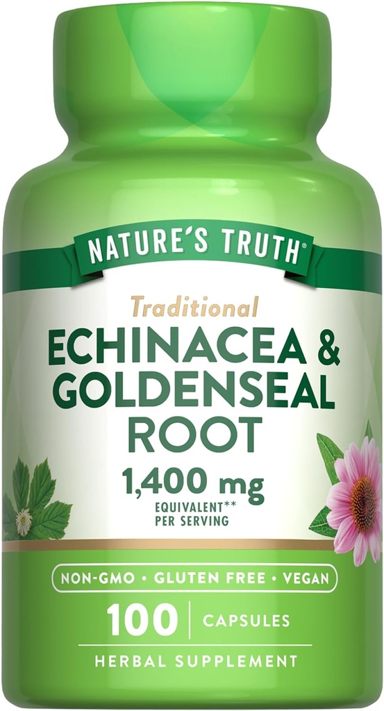 Nature's Truth Echinacea Goldenseal Capsules | 1400mg | 100 Count | Vegan, Non-GMO & Gluten Free Supplement | Herbal Support Complex