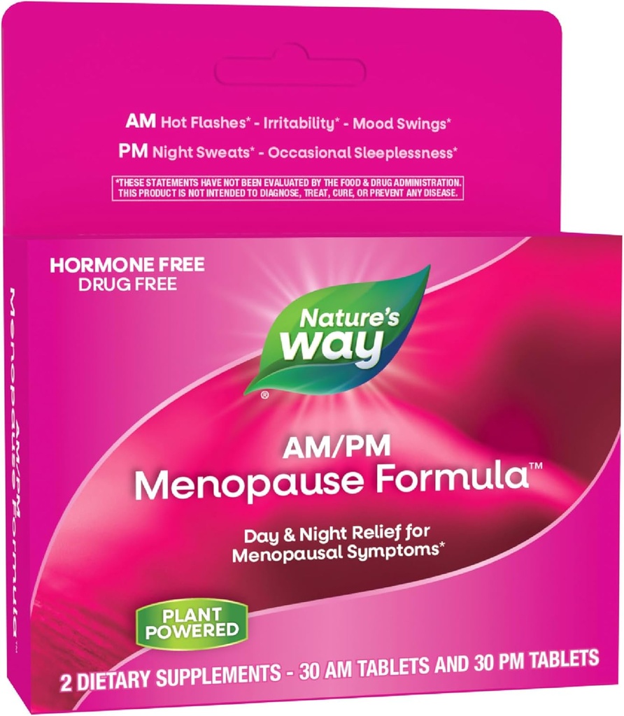 Camino de la Naturaleza AM/PM Suplementos de menopausia para Mujeres, Hot Flash Relief*, Night Sweats*, Restful Sleep*, Mood Swings*, Fórmulas libres de hormonas con Cohosh Negro, Theanine, Valerian, 60 Tablets