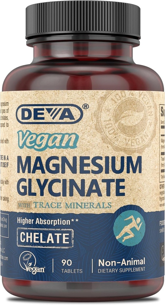 DEVA Magnesio Vegano Glycinate 300mg por porción con Minerales Trace, Absorción Superior, Magnesio Chelatado, 90 Tabletas