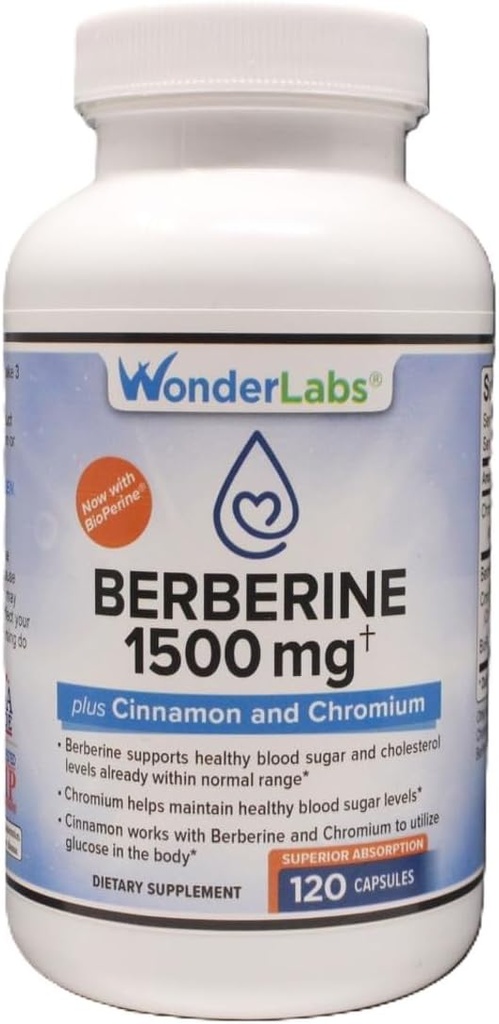 Beberine HCL 1,500mg + canela, cromo y bioPerina de mantenimiento para glucosa, corazón &amp; sistema inmunológico Gluten &amp; GMO Gratis - 120 cápsulas