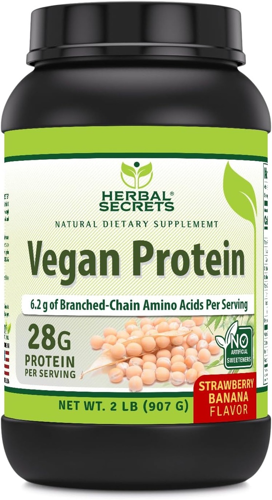 Herbal Secrets Vegan Protein ← 28 Grams Protein ← 23 Servings Silencio 6.2 Grams BCAA Suplemento confidencialidad Made in USA (2 Lb, Strawberry Banana)