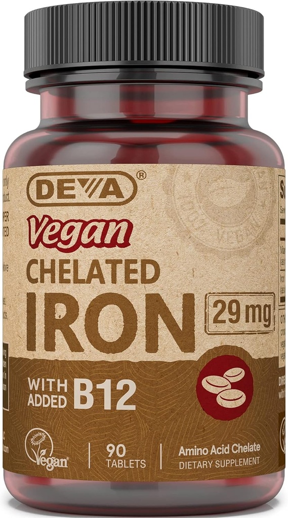 DEVA Vegan Chelated Iron with Added Vitamin B-12, Dietary Supplement, 29 mg, 90 Count