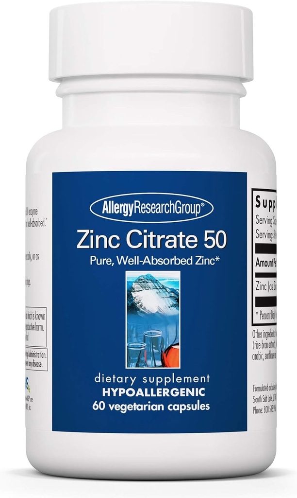 Grupo de investigación de alergia Zinc Citrate Suplemento - Zinc for Men &amp; Women, Immune Support, Pure, Well-Absorbed, Well-Tolerated, Trace Mineral, 50mg Vegetarian Capsules - 60 Conde