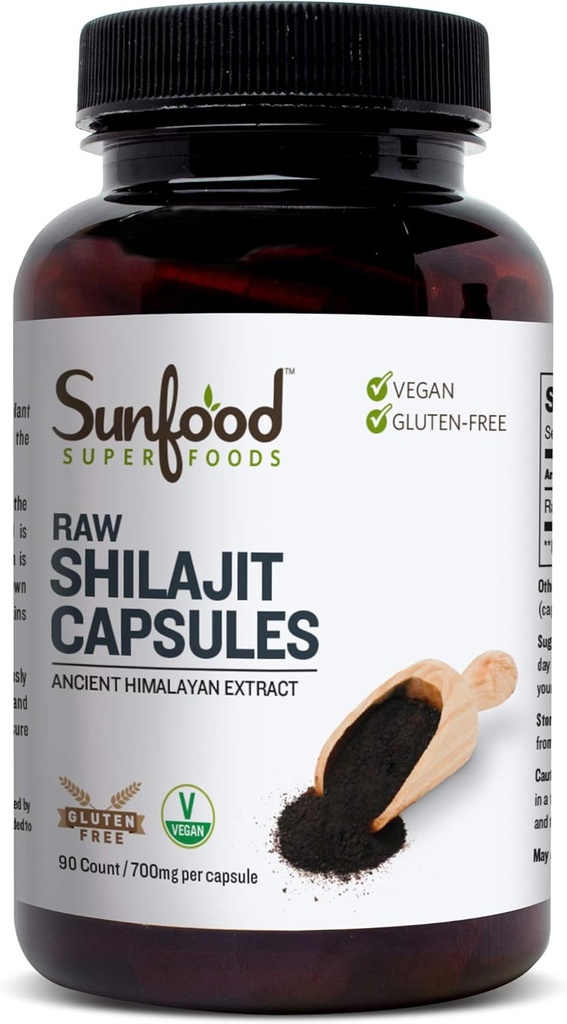 Superalimentos Sunfood Shilajit Capsules - Puro Shilajit Resin for Women &amp; Men, Antiguo Extracto Himalaya con ácido Fulvic, Minerales, Pilles Shilajit Powder - 90 cápsulas