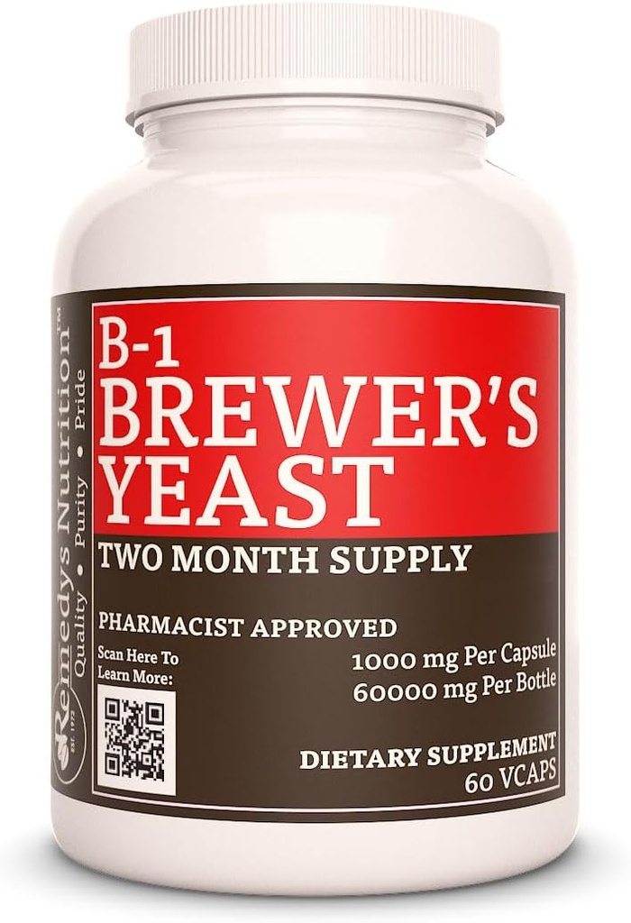 Vitamina B-1 de Remedy con Levadura de Rebejas Ø 1000 mg, 60 cápsulas veganas Suplemento dietético TENIDO Dos meses de suministro
