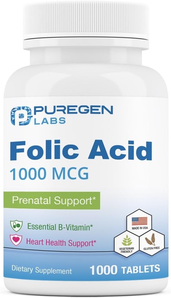 Puregen Labs Folic Acid 1000 mcg Tablets | Vitamin B9 | Non-GMO | Gluten Free | Made in USA | Value Size 1000 Tablets
