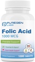 Puregen Labs Folic Acid 1000 mcg Tablets | Vitamin B9 | Non-GMO | Gluten Free | Made in USA | Value Size 1000 Tablets