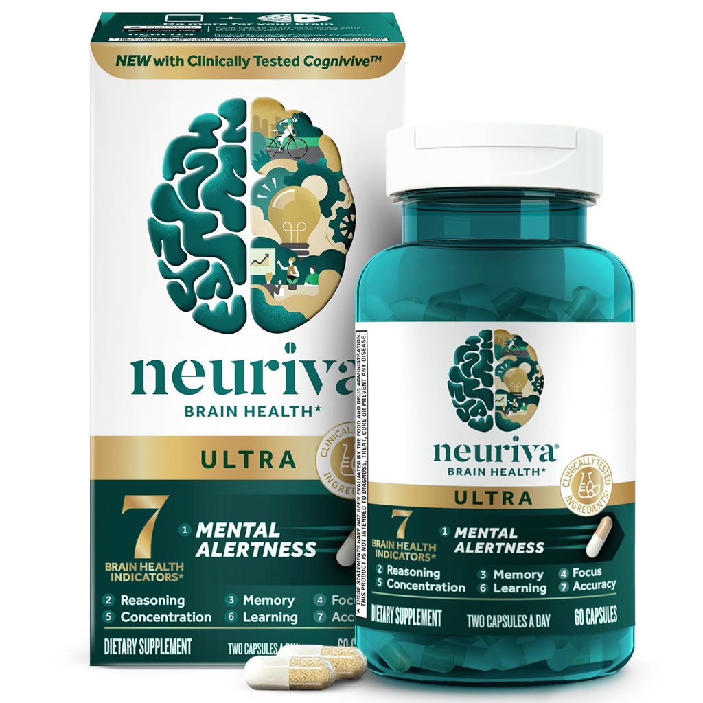 NEURIVA Ultra Decaffeinated Clinically Tested Nootropic Brain Supplement for Mental Alertness, Memory, Focus " Concentration, Cognivive, Neurofactor, Phosphatidylserine, Vitaminas B6 B12, 60 cápsulas