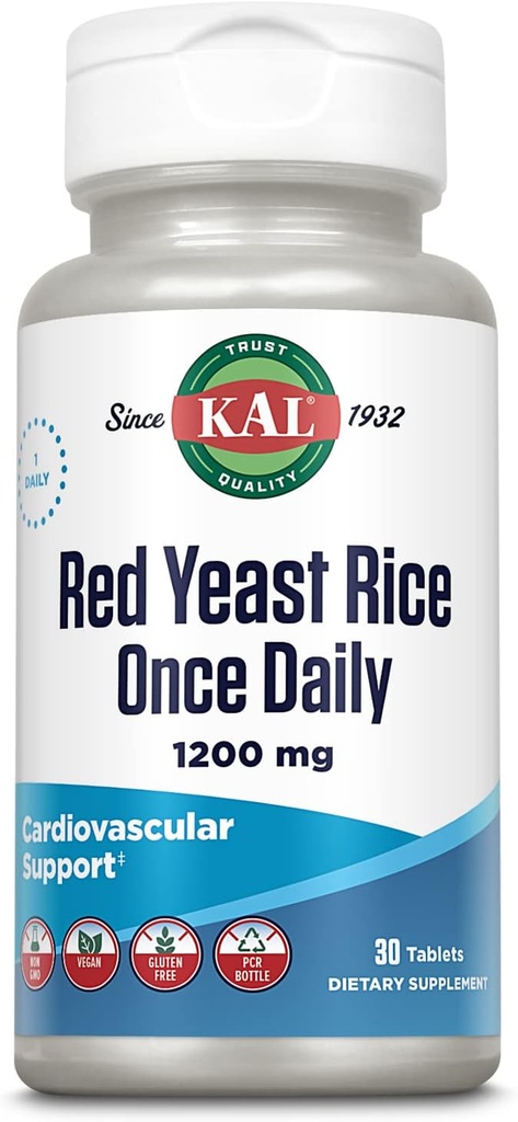 KAL Red Yeast Rice Once Daily 1200mg, Cardiovascular Support* Suplemento con ácidos grasos insaturados, ácidos aminoácidos y fitonutrientes, Vegan, Gluten Free, 30 Servings, 30 Tablets
