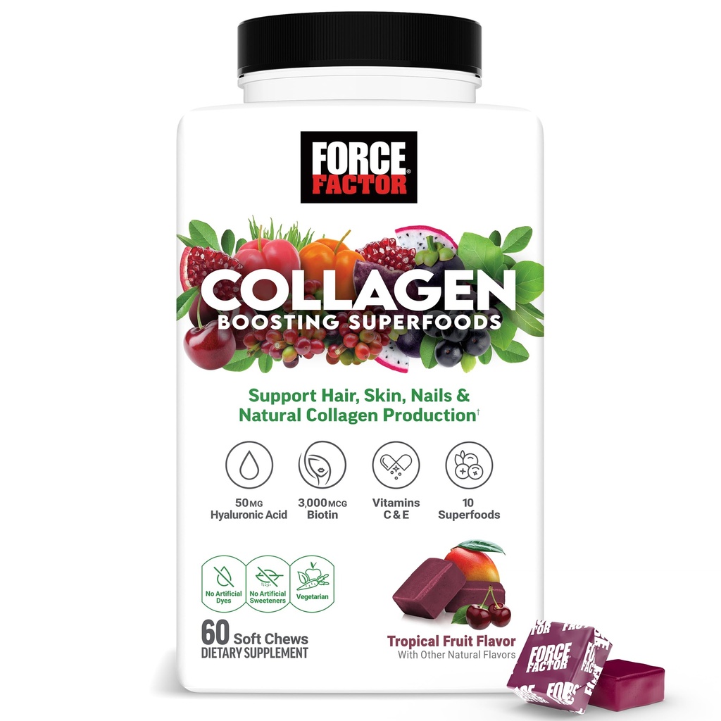 Factor de fuerza Collagen Boosting Superfoods, Vegan Collagen Booster for Women, with Biotin, Hyaluronic Acid, and Vitamin C, for Hair, Skin, Nails, & Joint Support, Tropical Fruit, 60 Soft Chews