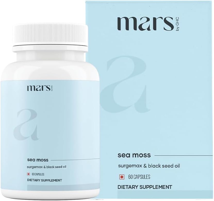 Marte Sea Moss Caps Surge Natural (60N) ← Empaquetado con 84 Minerales Esenciales Silencioso alimentado con Aceite de Semillas Negras, Surgemax &amp; Vitamina D3