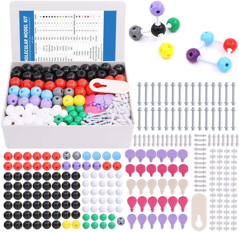 Swpeet 307 Pcs Modelo Molecular Kit para Química Orgánica e Inorgánica - Chemistry Modelo Molecular Conjunto de Estudiantes y Profesores - 126 Atomes & 30 Orbitales > 150 Enlaces & 1 Herramienta de Remover Enlace Corto