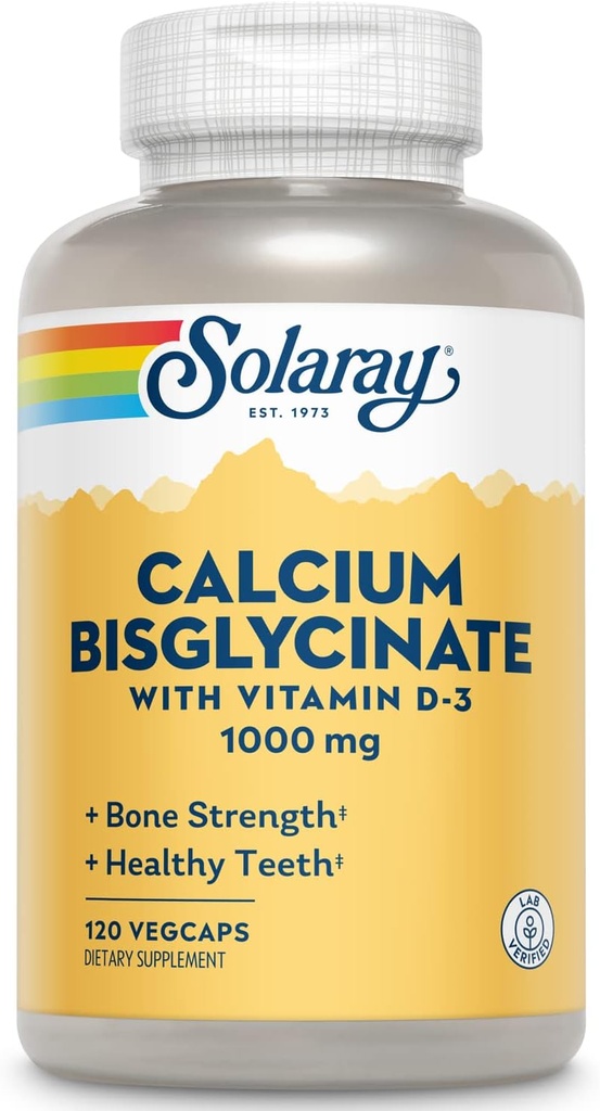 Calcio Solaray Bisglycinate 1000mg con vitamina D-3, Suplemento de calcio Chelated para la fuerza de hueso y el soporte de dientes saludables, absorción mejorada y fácil de digerir, 30 servidumbres, 120 VegCaps