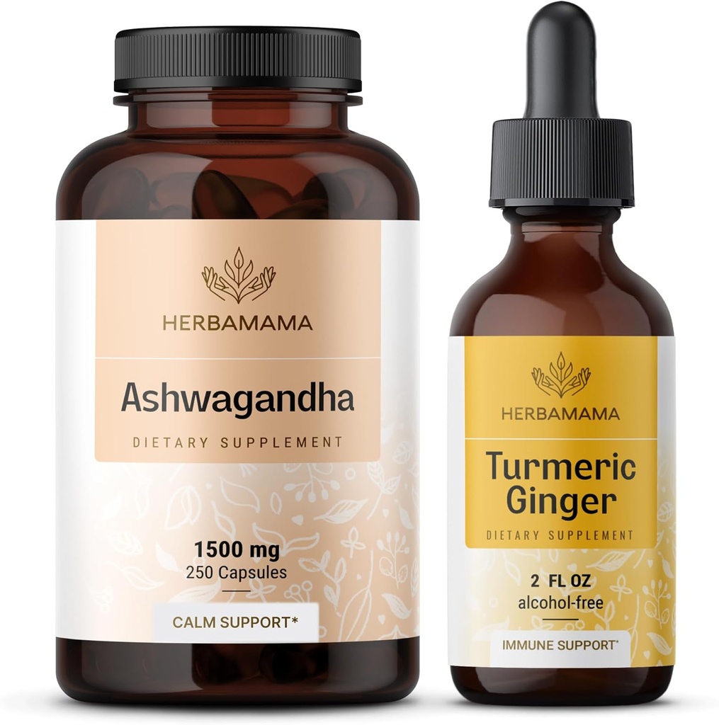 HerBAMAMA Ashwagandha y kit de jengibre tormérico - Agrupo de 1500 mg Ashwagandha Root Capsules " Turmeric Ginger Tincture 2 fl oz - Vegan, No GMO, Azúcar " Sin alcohol - 2 Pack
