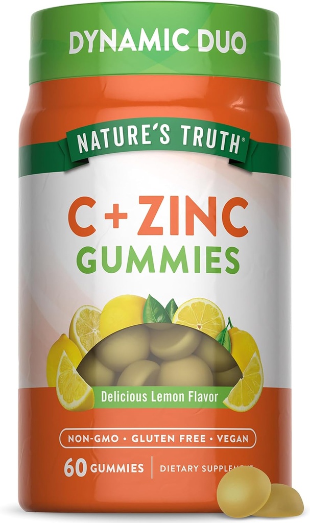 Verdad de la Naturaleza Vitamina C Gummies con Zinc para Adultos 60 cuentan con soporte inmunitario Silencio Vegan, No GMO &amp; Gluten Suplemento gratuito