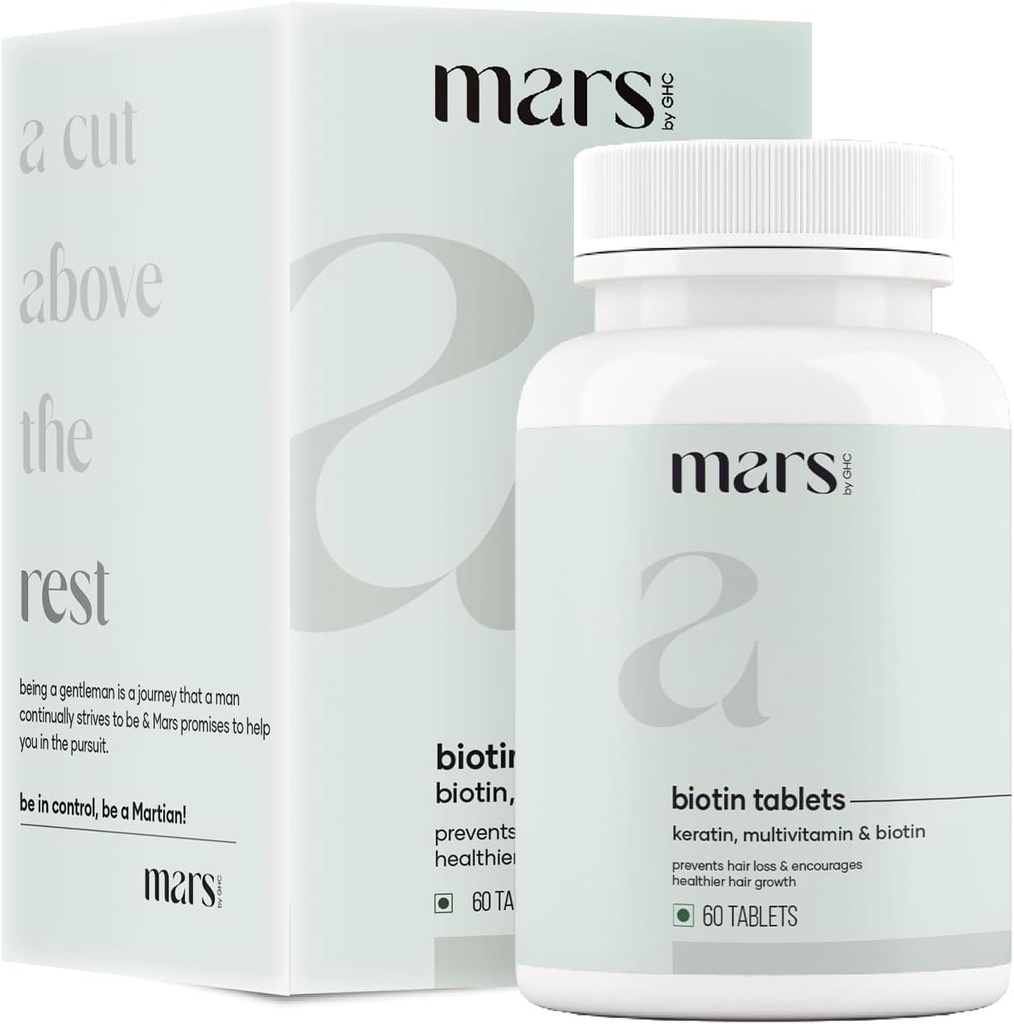 mars by GHC Beard Biotin, promueve el crecimiento de la barba más fuerte, alimentado con vitamina A, vitamina E, vitamina B7, queratina " Aminoácidos  durable 100% Vegan 60 Cuenta (Pack of 1)