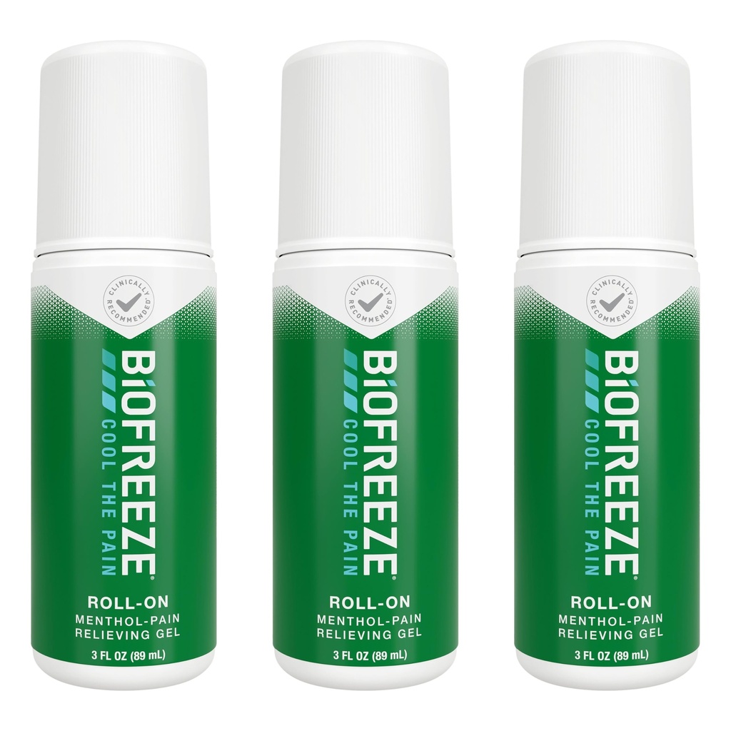 Biofreeze Roll On Pain Relief for Knee, Neck, Hip, Joint, Shoulder, " Simple Backache, Arthritis Dolor de dolor, Sore Muscle Relief, Roll On Menthol Gel 3 Fl Oz (Pack of 3)
