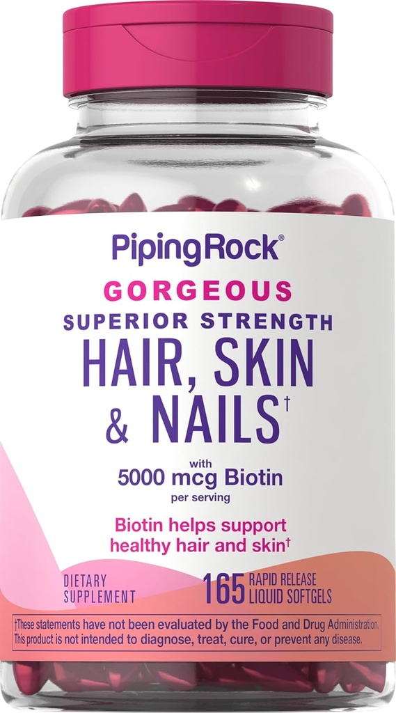 Piping Rock Hair Skin and Nails Vitaminas para Mujeres y Hombres TEN 165 Softgels TEN 5000 mcg de Biotin Extra Strength TEN with Argan and Coconut Oil TEN Non-GMO, Gluten Free Supplement